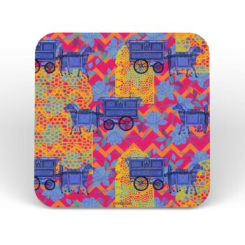 Blue Horse Cart Printed Table Coaster Set of 6