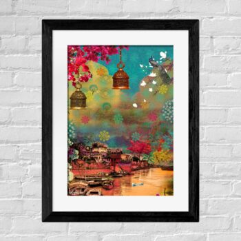 Beautiful Ghat Wall Art – Indian Riverside Framed Decor for Dining Areas